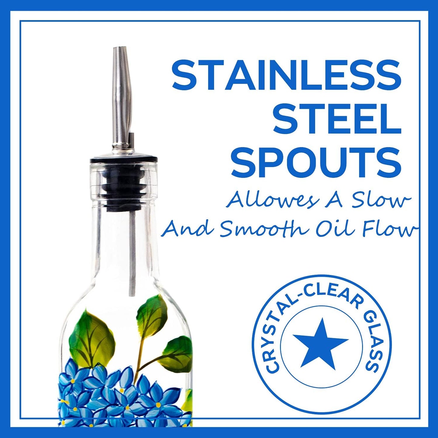 17oz Hand Painted Glass Olive Oil Bottle Dispenser - 500ml Green Oil & Vinegar Cruet with Pourers - Olive Oil Carafe Decanter for Kitchen (hydrangea)