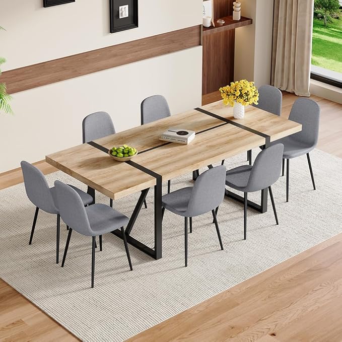 86.6" Dining Table Set for 8, Modern 9 Piece Wood Kitchen Table and Chairs Set, Rectangle Dining Room Table with 8 PU Leather Upholstered Chairs, Ideal for Home, Kitchen, or Apartment Dining