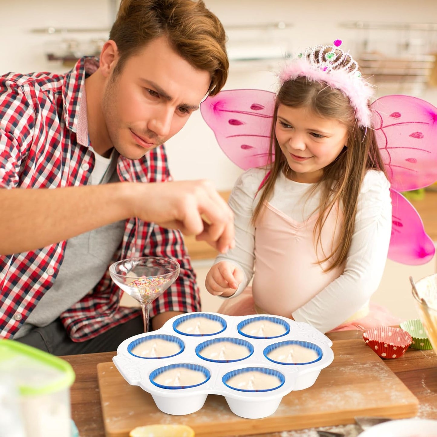 Youeon 2 Pack Ceramic Muffin Pans 7 Cups, Nonstick White Floral Cupcake Baking Pan with Handle, Muffin Tins for Muffins, Cupcakes, Tarts, Mini Cheesecakes, Oven and Dishwasher Safe