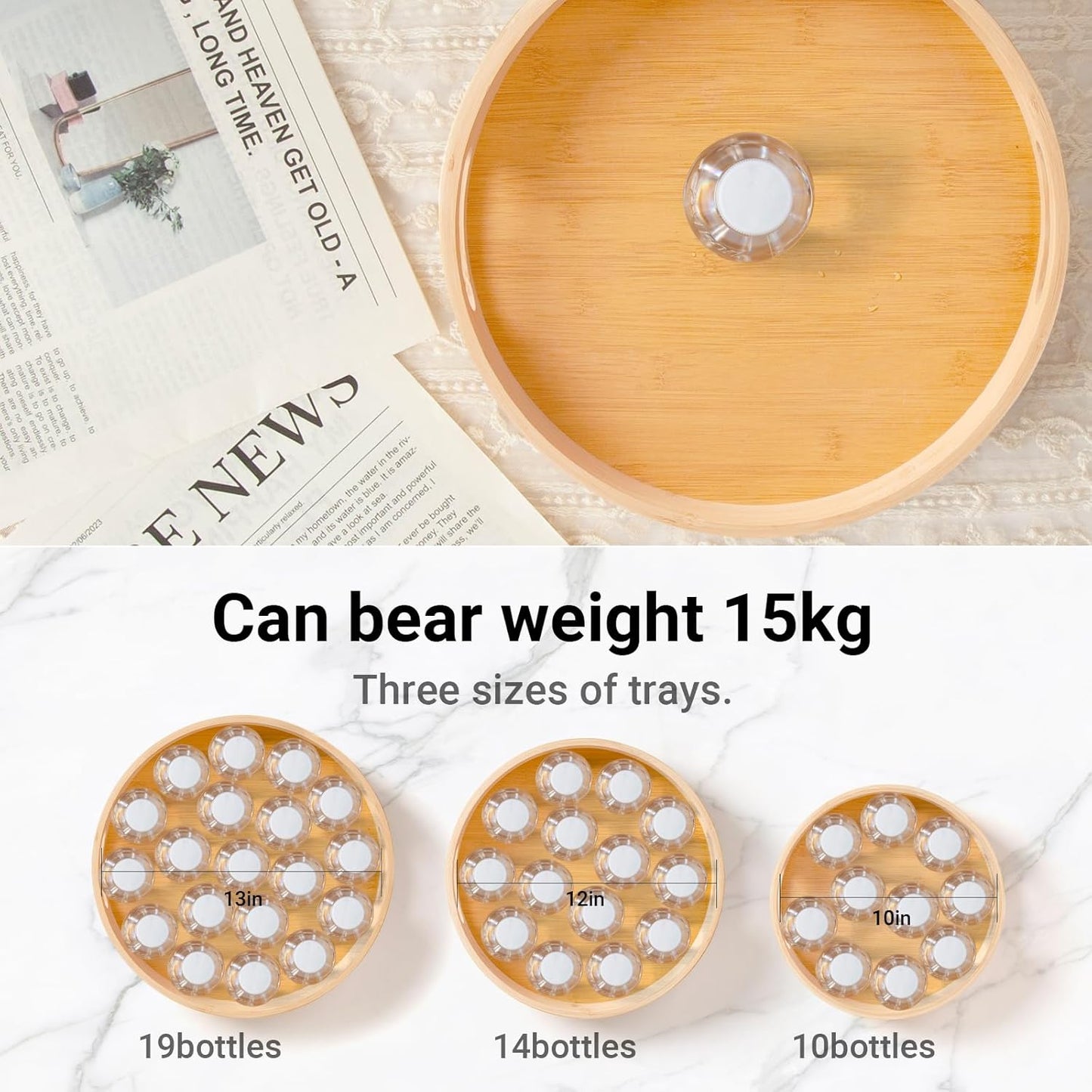 12in Bamboo Lazy Susan Organizer for Countertop and Cabinet with Large and Stable Chassis,Round Rotating Bamboo Tray for Station Organizer,for Kitchen Bathroom Laundry Room (12in)