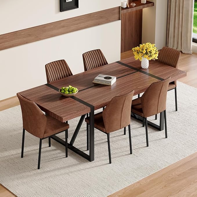86.6" Dining Table Set for 6, Modern 7 Piece Wood Kitchen Table and Chairs Set, Rectangle Dining Room Table with 6 PU Leather Upholstered Chairs, Ideal for Apartment, Kitchen, Dining Room