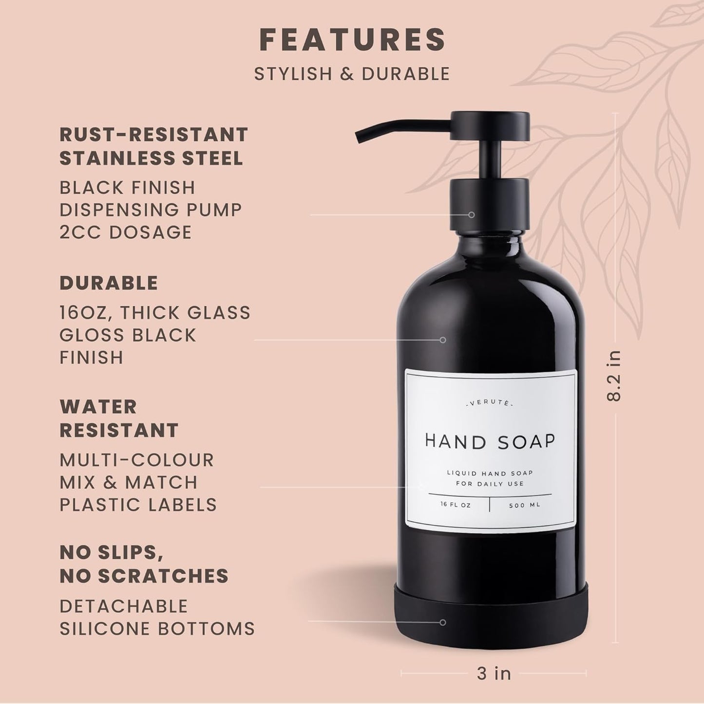 16oz Glass Soap Dispenser with Stainless Steel Pump, 21 Waterproof Labels, Non-Slip Protective Silicone Pad, Set of 2 for Bathroom & Kitchen (Gloss Black Bottle/Black Pump)