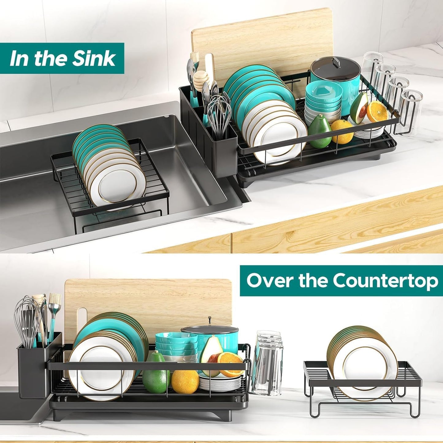 MERRYBOX Dish Drying Rack Large Capacity 2 Tier Dish Drying Rack Multifunctional Rustproof Dish Racks for Kitchen Counter with Large Utensil Holder, Cup Holder, Black