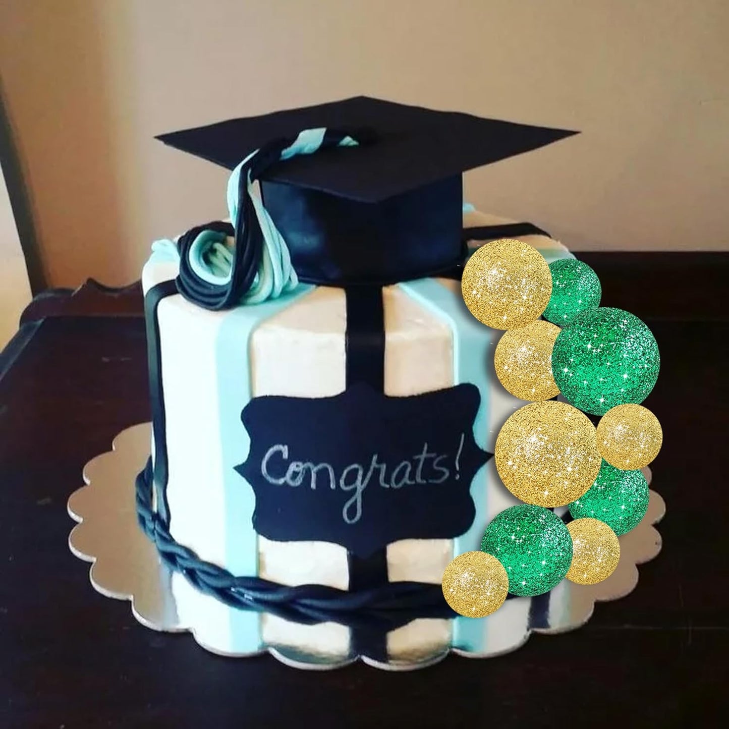 BEISHIDA 40 Pcs Ball Cake Toppers Mini Balls Cake Decorations Green Gold Foam Balls Sticks DIY Cake Topper for Baking Congrats Grade 2025 Graduation Birthday St Patrick's Day Decorations (Green Gold)