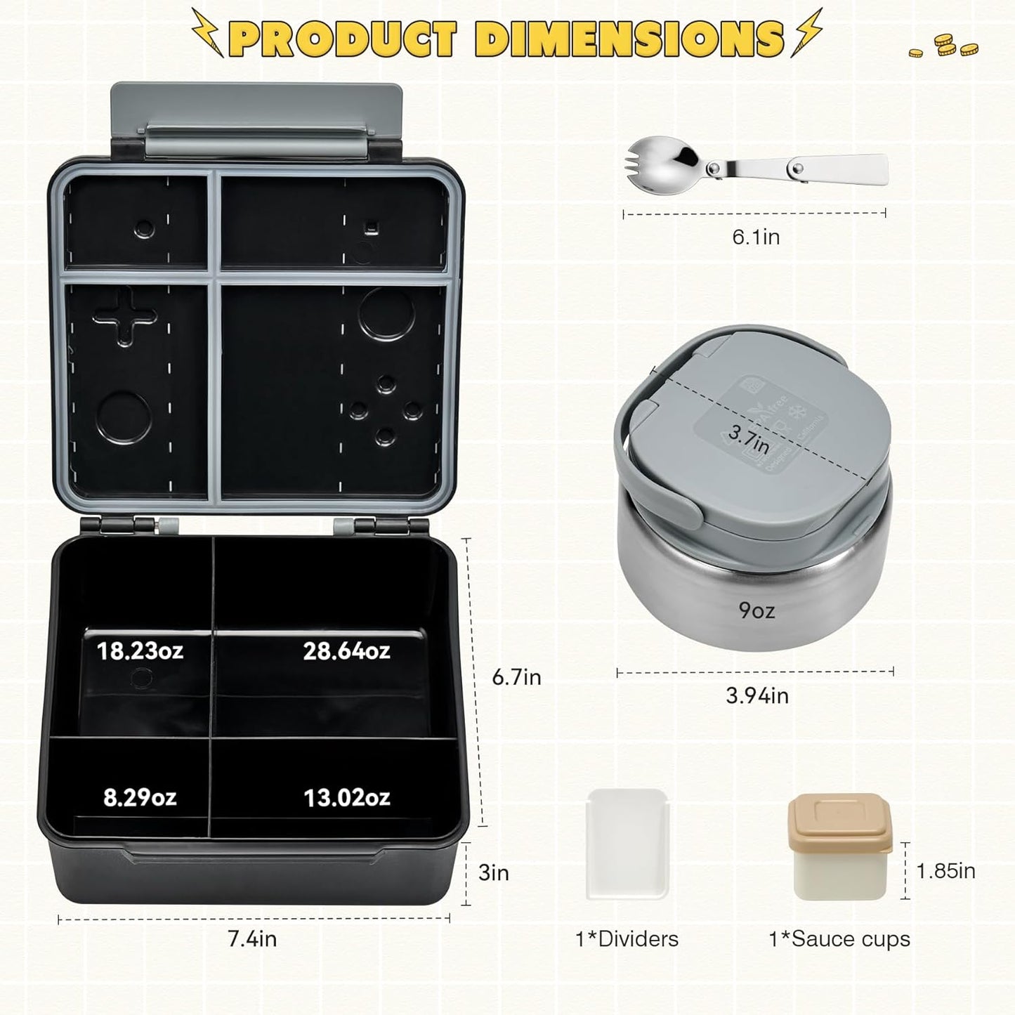 Game Bento Box for Kids, Lunch Box with Thermo(9oz Food Jar), Folding Spoon, Removable Divider & Sauce Cup, Lunch Box Kids for School,Travel, BPA-Free & Realistic Shape(Grey)