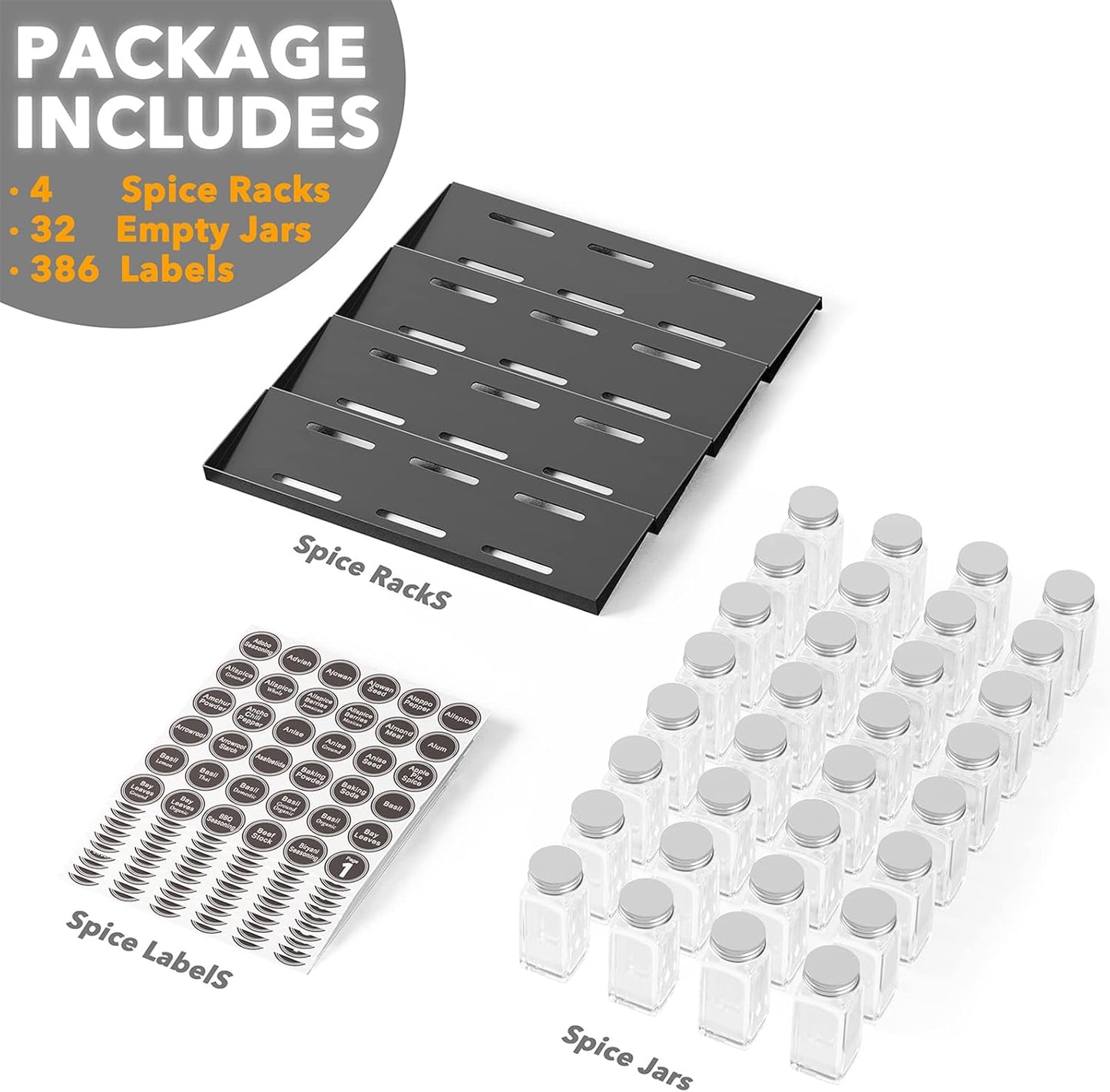 SpaceAid Spice Drawer Organizer with 32 Spice Jars, 386 Spice Labels, 4 Tier Seasoning Rack Tray Insert for Kitchen Drawers, 15" Wide x 17.5" Deep