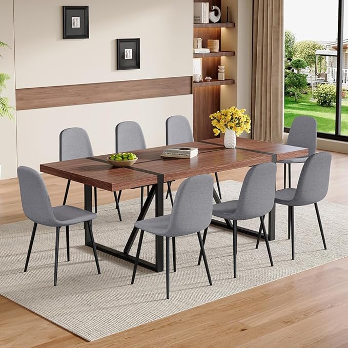 86.6" Dining Table Set for 8, Modern 9 Piece Wood Kitchen Table and Chairs Set, Rectangle Dining Room Table with 8 PU Leather Upholstered Chairs, Ideal for Home, Kitchen, or Apartment Dining