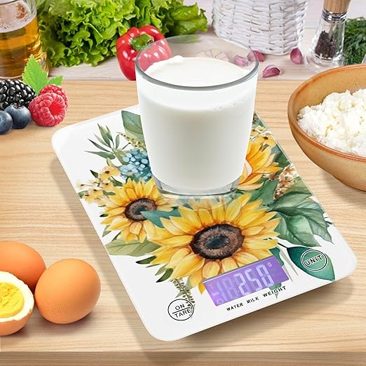 Digital Food Scale Sunflowers White – Fashion Design, 11lb/0.01oz, Tempered Glass, Kitchen Scales with LCD Display for Baking & Cooking, Batteries Not Included