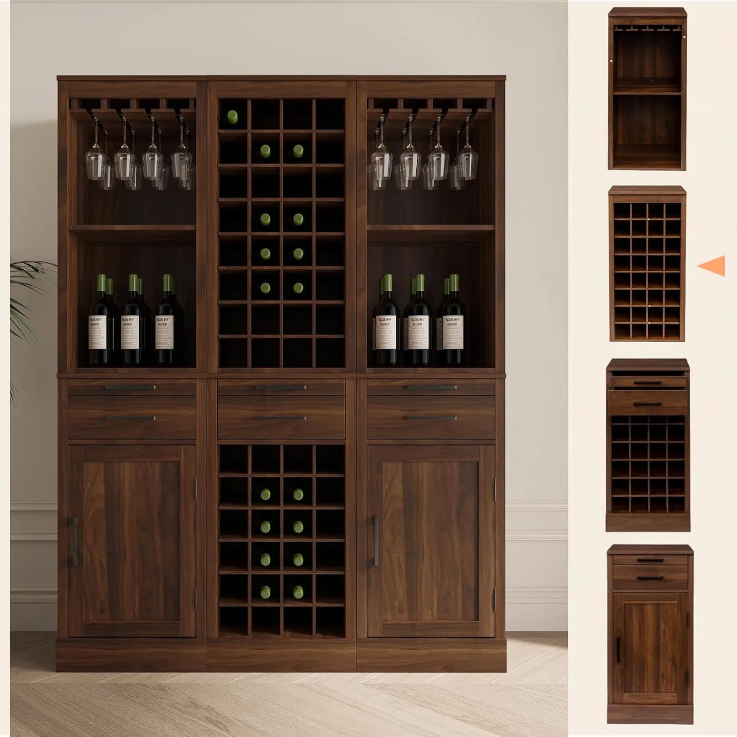 WERSMT 8-Tier Wine Rack Freestanding Floor, 32 Bottles Wood Wine Rack Counter for Small Space, Farmhouse Stackable Modular Wine Bottle Holder Rack, Walnut