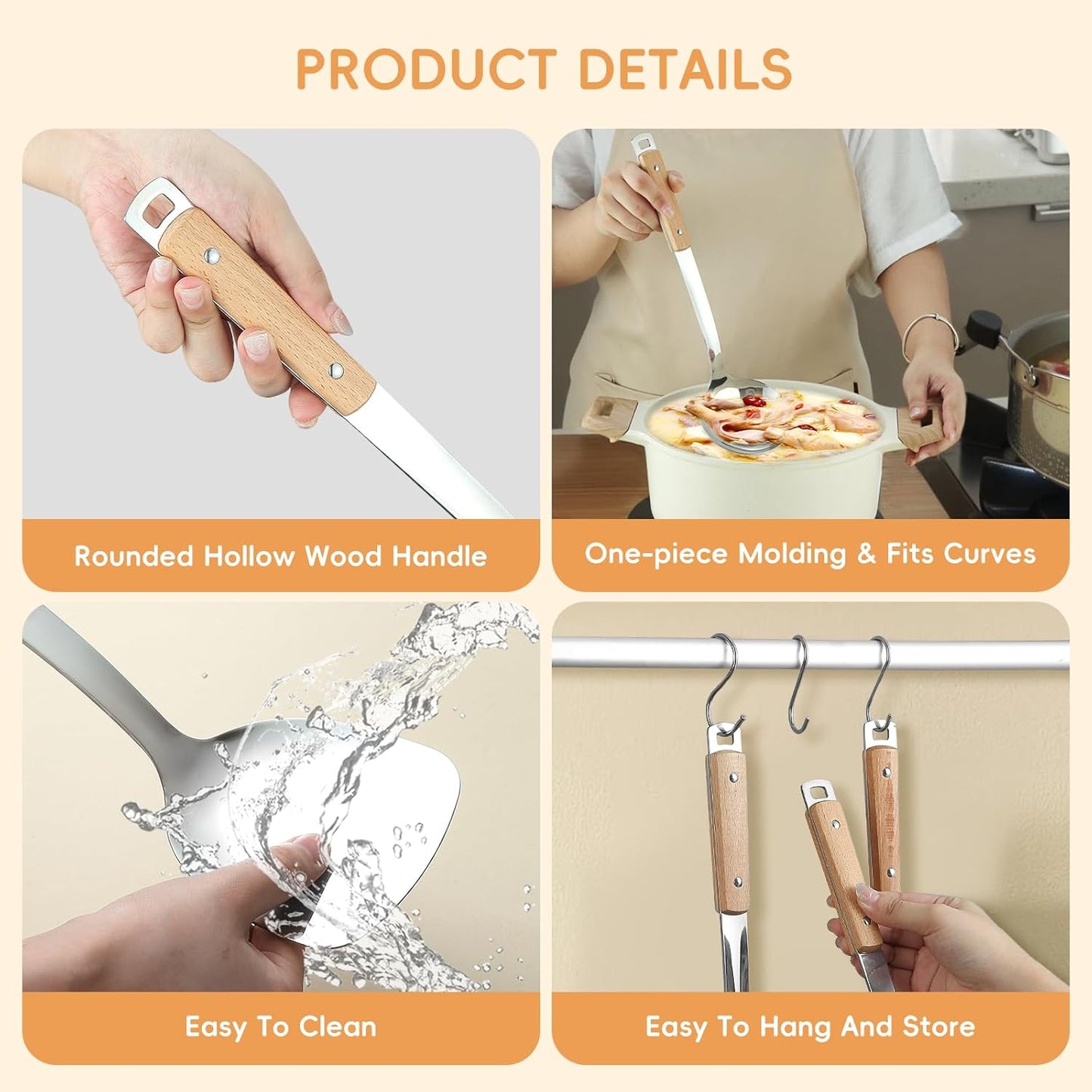 9pcs Cooking Utensils Set 304 Stainless Steel Kitchen Utensils with Wooden Hanlde Metal Kitchen Utensils Soup Ladle Set Dishwasher Safe Kitchen Essentials Set Kitchen Tool Set, Dishwasher Safe