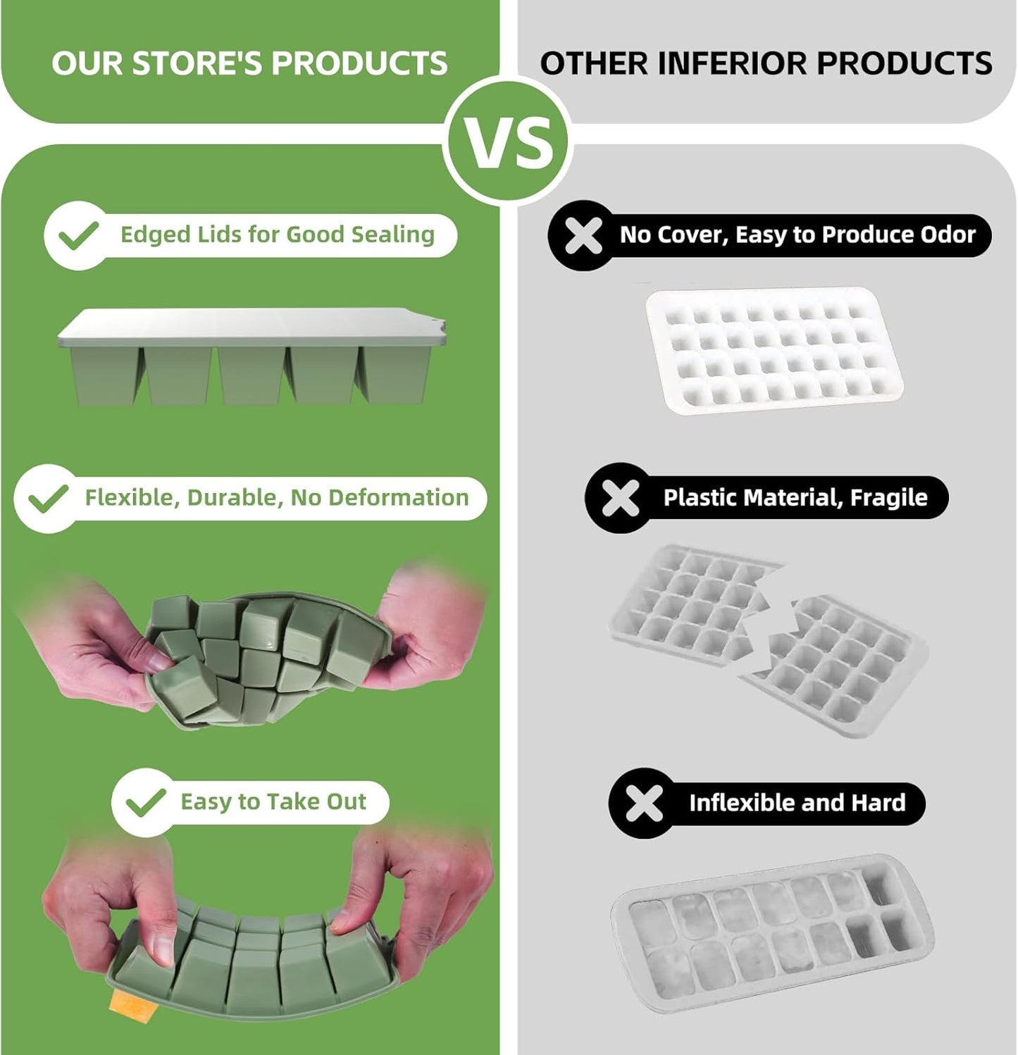 Silicone Ice Cube Tray, 2 Pack Easy-Release Stackable Ice Trays for Freezer with Lid 15 Reusable Cubes, Food Grade BPA Free Ice Molds for Whiskey, Baby Food, Coffee, Cocktail (Blue+Green)