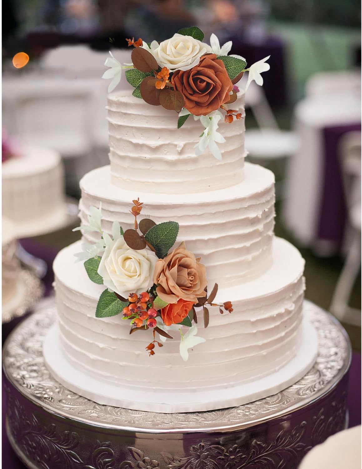 Rinlong 3Pcs Cake Topper Set Artificial Flowers for Cake Decor Burnt Orange Fall Wedding Cake Decorating Flowers for Baby Shower Birthday Party