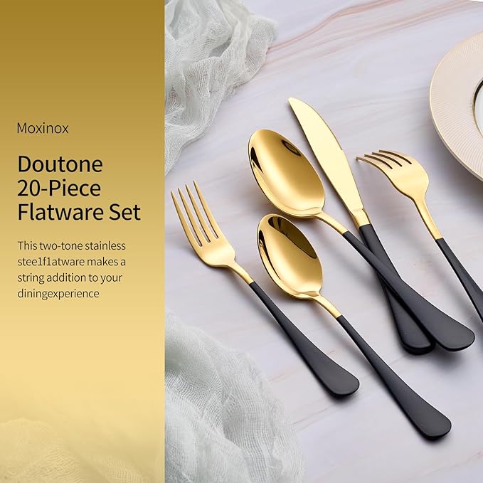 20-Piece Black & Gold Silverware Set, 18/0 Stainless Steel Colorful Handle Flatware Set, Service for 4, Modern Cutlery Set Includes Dinner Knives Forks Spoons, Mirror Polished, Dishwasher Safe
