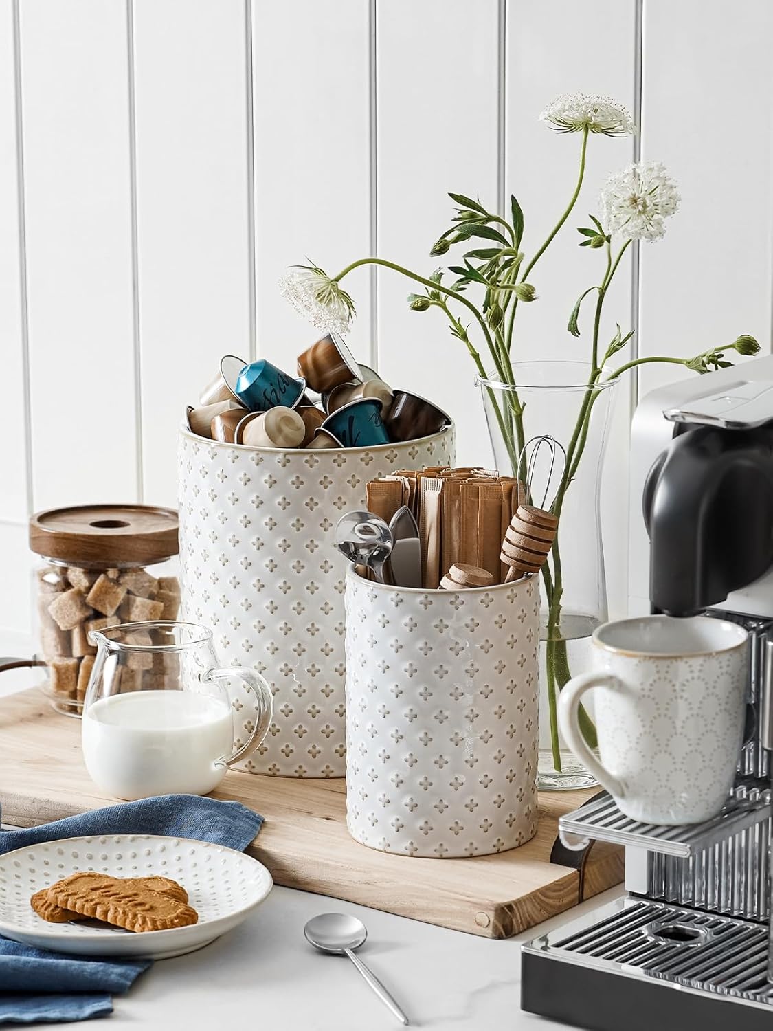 LE TAUCI Utensil Holder, 7.1" Ceramic Kitchen Utensil Holder for Counter top, Embossed Cooking Utensil Organizer for Spatula & Spoon, Kitchen Decor, Set of 1, Arctic White, Clover