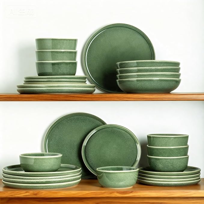 AmorArc Stoneware Dinnerware Sets,Round Reactive Glaze Ceramic Plates and Bowls Set,Highly Scratch Resistant | Dishwasher & Microwave Safe Dishes,Service for 6 (18pc) Jade Green