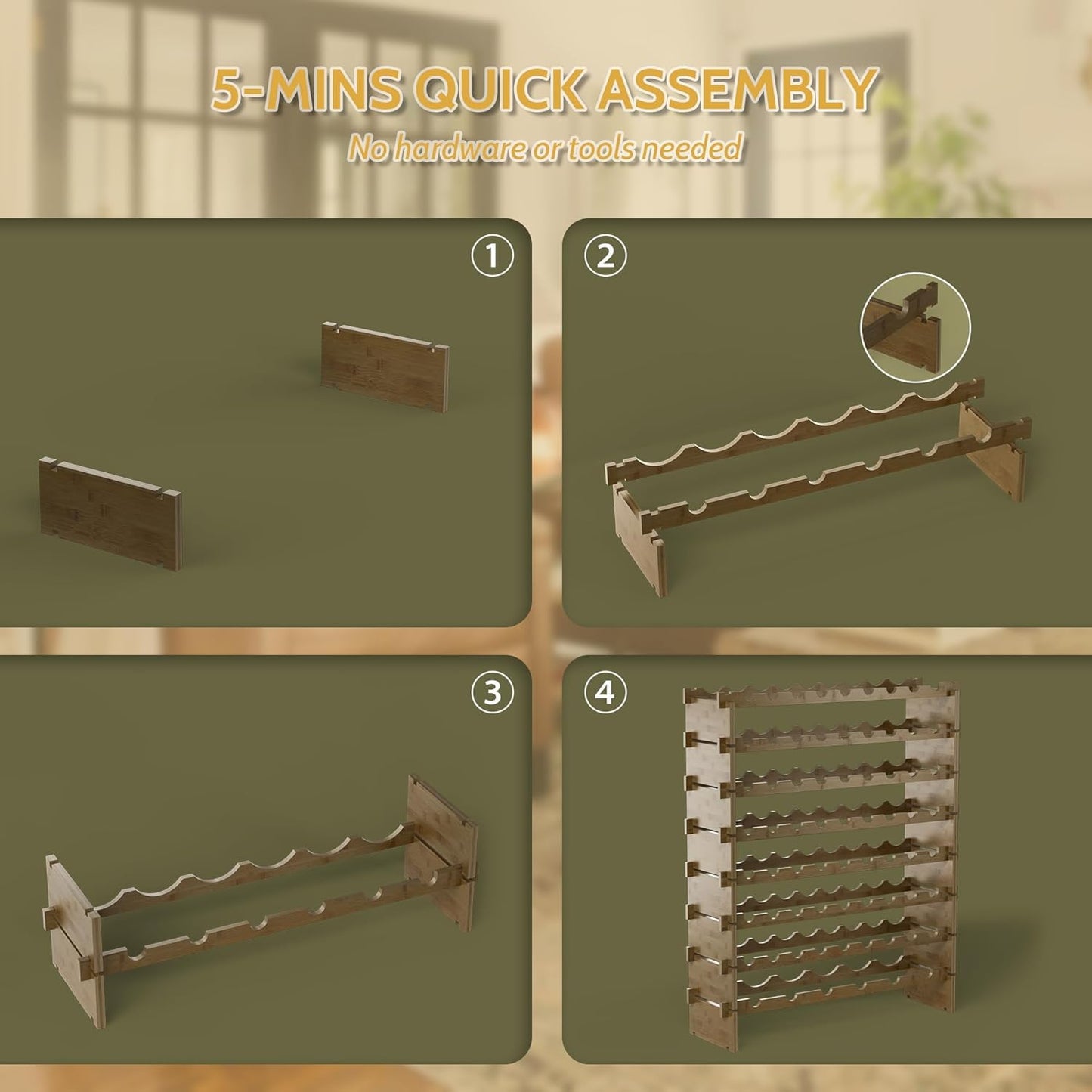 Wine Rack Freestanding Floor, Bamboo 8-Tier 69 Wine Bottle Holder Racks Countertop Cabinet Display, Wooden Stackable Modular Wine Storage Organizer Shelves for Kitchen Bar Cellar Dining Room Walnut