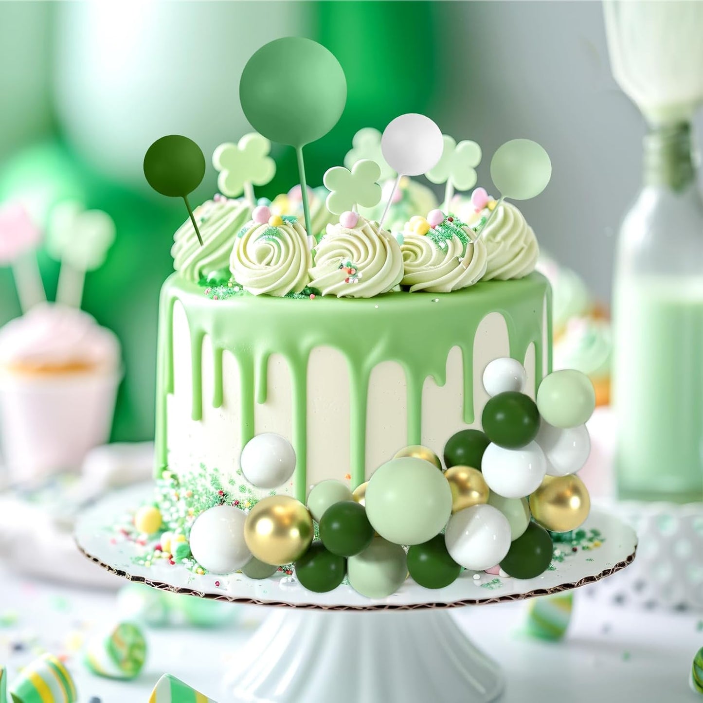 48 Pcs Cake Topper Decorations - Balloon Cupcake Toppers, Foam Balls for Birthday Party Wedding Cake Decorating (Green, Light Green, White, Gold)