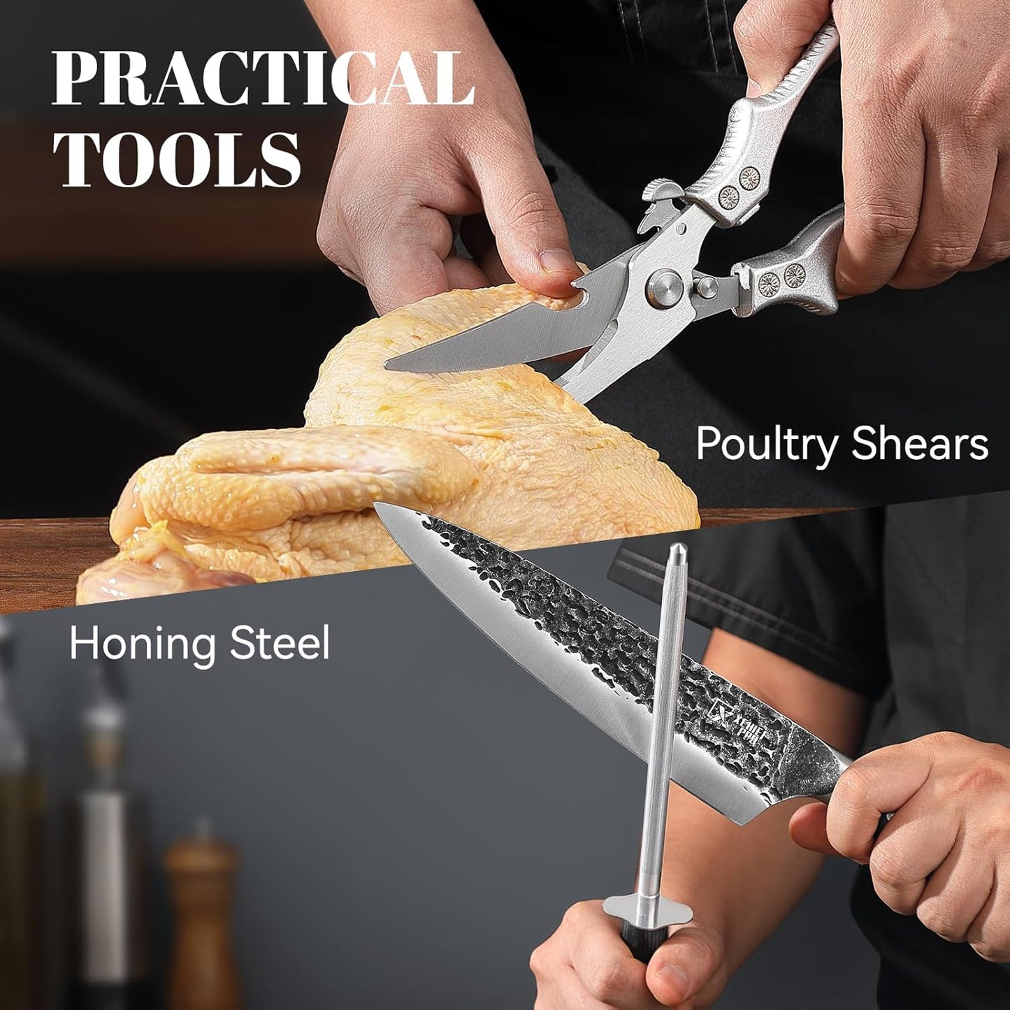 9 Pieces Knife Set with Block, Hand Forged High Carbon Steel Sharp Blade Cooking Knives Set with Holder for Kitchen, Block Chef Knife Set Professional, Best Gifts for Men Women