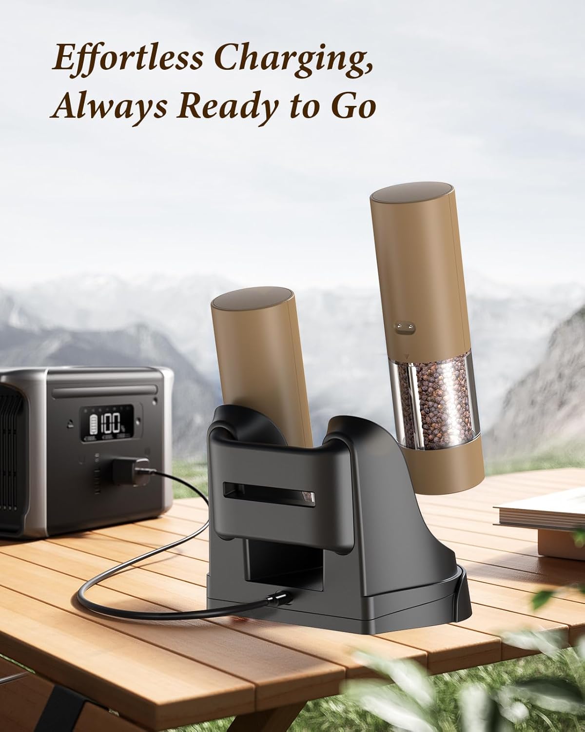 Electric Salt and Pepper Grinder Set - Automatic Refillable Salt and Pepper Grinders with Charging Base & LED Light, 6-Level Adjustable Coarseness with External Dial, Ideal Kitchen Gadget๏ผBrown