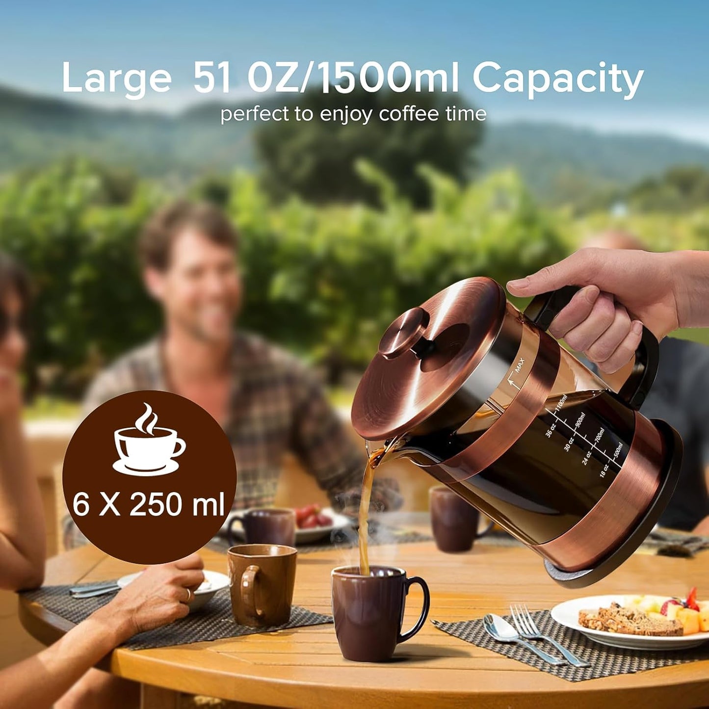 QUQIYSO French Press Coffee Maker 51oz 304 Stainless Steel French Press with 4 Filter, Heat Resistant Durable, Easy to Clean, Borosilicate Glass Coffee Press, Copper