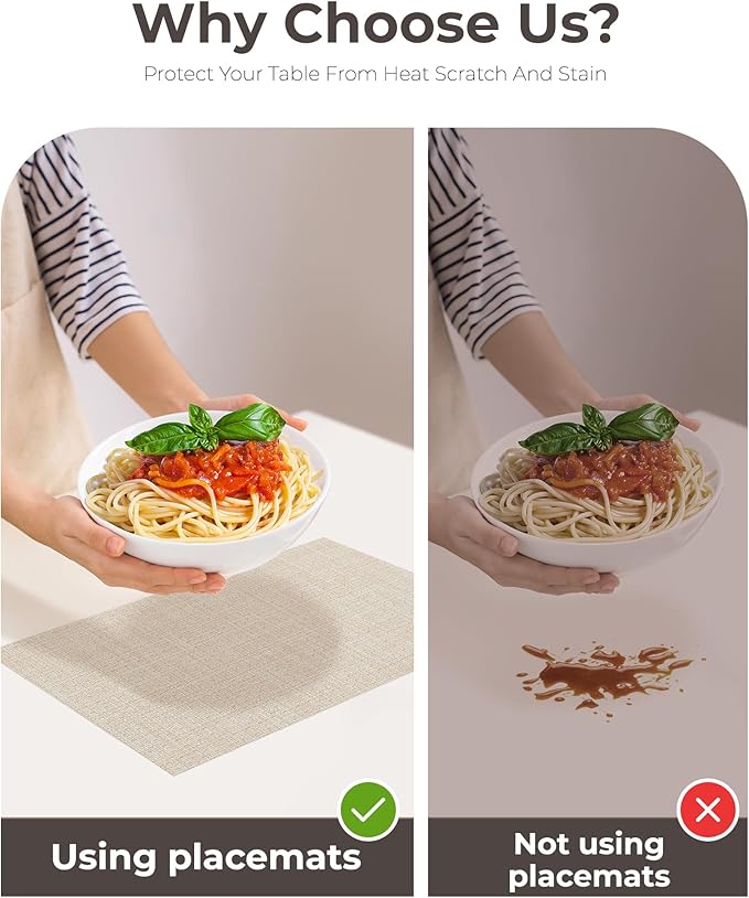 Leetaltree Beige Placemats Set of 12 - Heat Resistant Non-Slip Place mats for Dining Table, Washable Durable PVC Vinyl Woven Table Mats(Beige, 12)