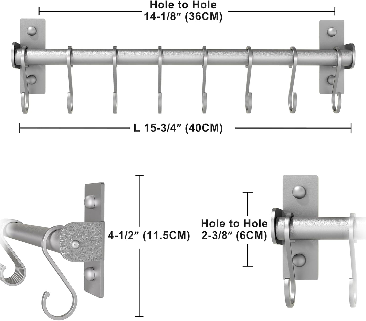 Dseap Kitchen Utensil Holder Hanger, Pot and Pan Rack Wall Mounted, Kitchen Rail with 8 Hooks for Hanging Cooking Utensils, Mugs, Spoons, Wall Mounted, Silver