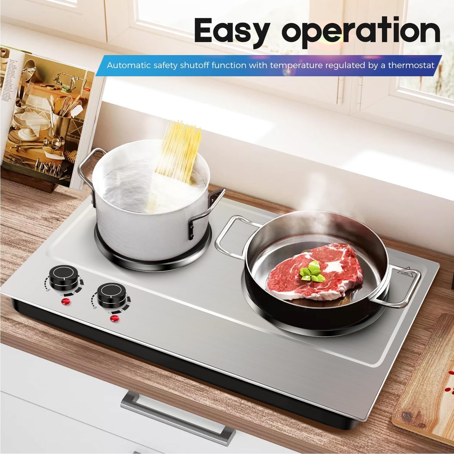 Hot Plate,Cusimax Double Burner 1800W Cast Iron Heating Plate,Electric Stove with Adjustable Temperature Control,Stainless Steel,Suitable for Various Scenarios Upgraded Version