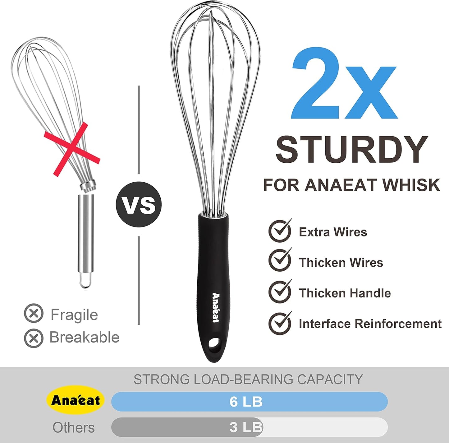 Anaeat Stainless Steel Kitchen Whisk Set of 4, Milk and Egg Beater Blender with Thick Wire for Whisking, Cooking, Baking, Beating and Stirring - 11'' Flat Whisk and 8.5''+10.5''+12'' Balloon Whisks