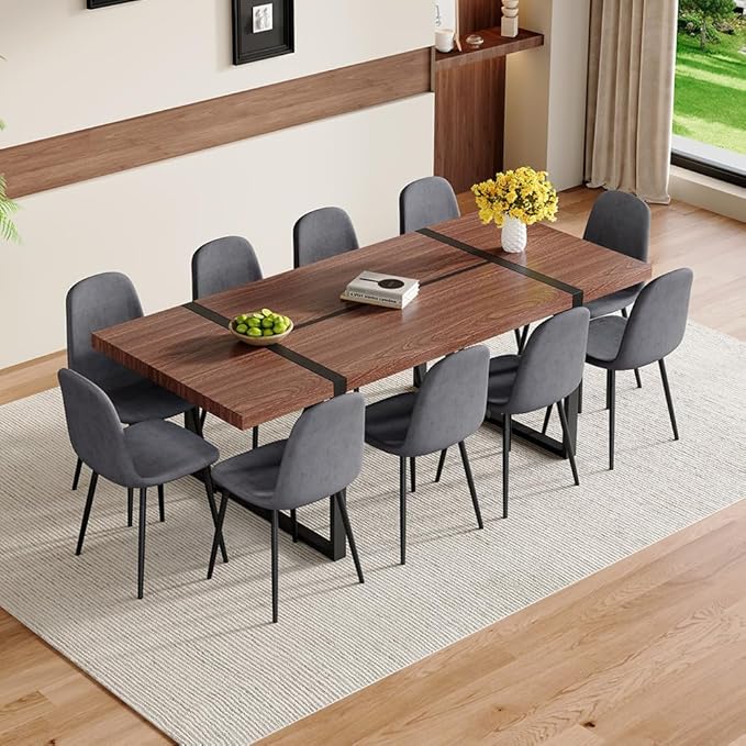 86.6" Dining Table Set for 10, Modern 11 Piece Wood Kitchen Table and Chairs Set, Large Rectangle Dining Table with 10 Linen Fabric Upholstered Chairs, Perfect for Family Gatherings and Dining Room