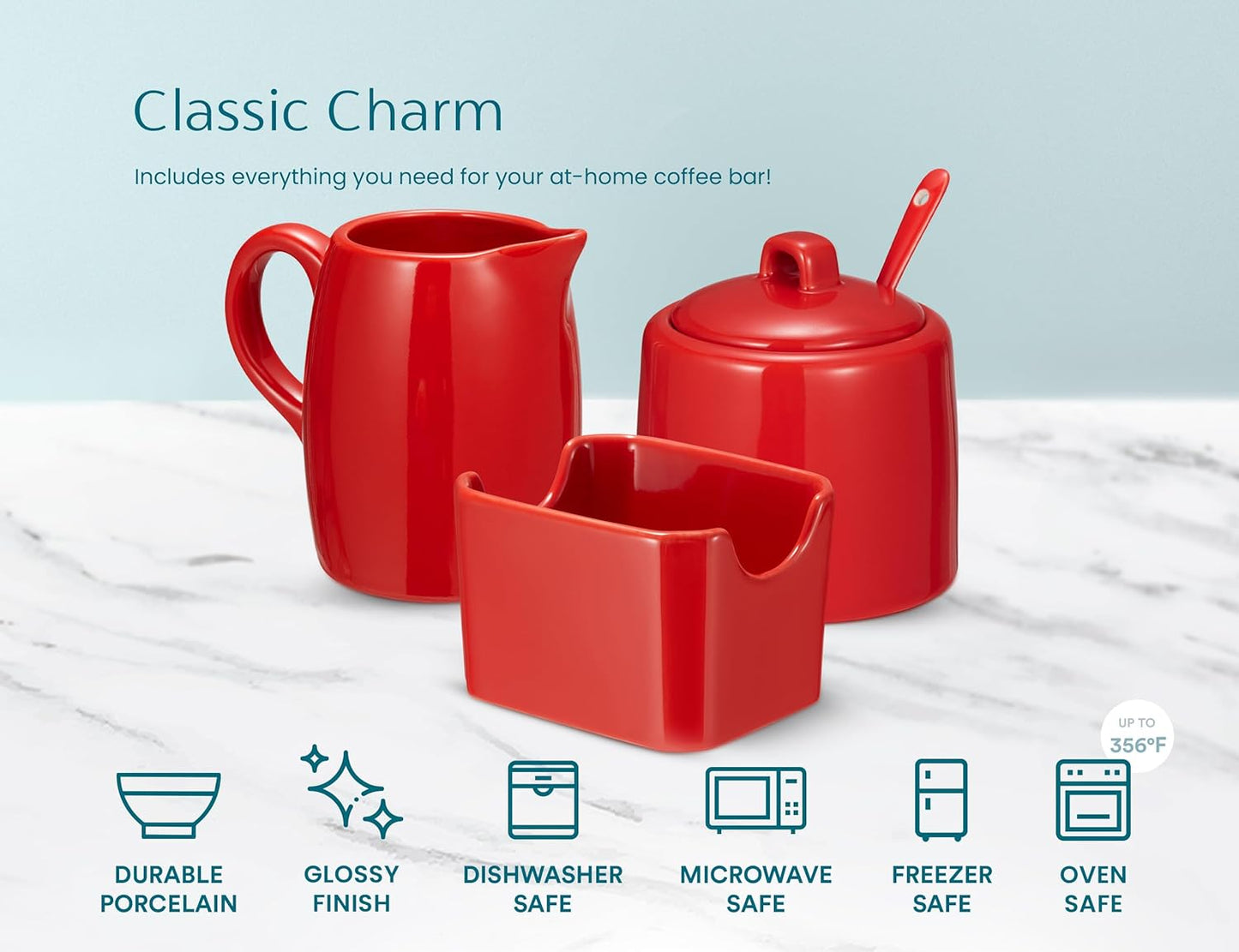 Kook Sugar and Creamer Set, 3 Piece, Pitcher, Sugar Bowl with Lid and Spoon, Sweetener Holder (Red)