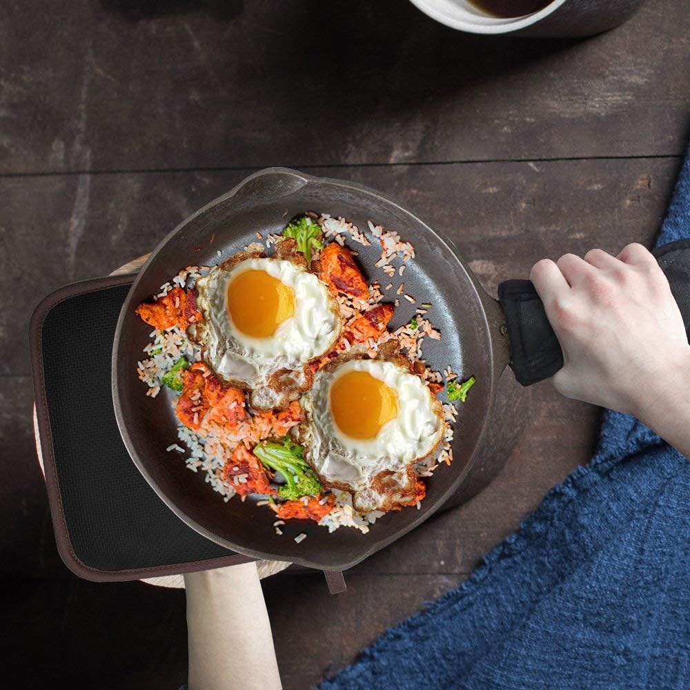 Cotton and Neoprene Oven Pads Pot Holders with Pocket 8"x8.5" Dual-Function Hot Pad Set for Finger Hand Wrist Protection Heat Resistant to 428°F Brown