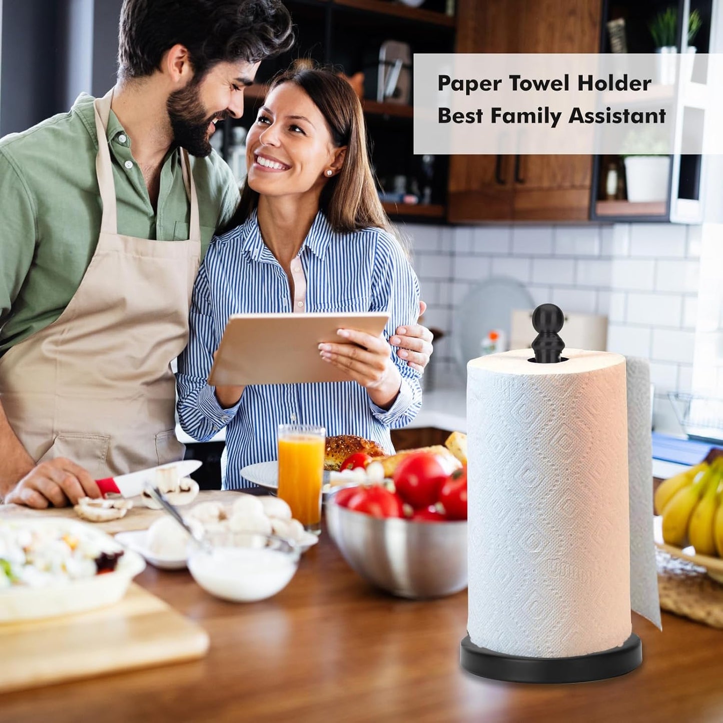 Paper Towel Holder Countertop, Standing Paper Towel Roll Holder for Kitchen Bathroom, with Weighted Base for One-Handed Operation (Black)