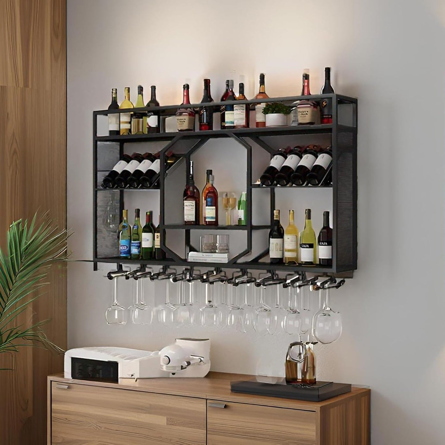 Wall Mounted Wine Rack, 3-Tiers Metal Bar Bottle Holder, Modern Wine Glass Storage Display Shelves, Wall Wine Rack for Kitchen Bar Dining Rooms Decoration (Black, 47.24in/120cm)