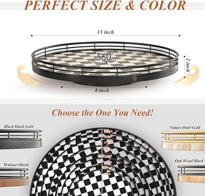 Black and White Kitchen Lazy Susan Turntable – Checkered Round Decorative Tray, 13” Table Top Oak Wood Lazy Susan for Cookies, Dining Table Organizer, Small Kitchen Table Centerpiece