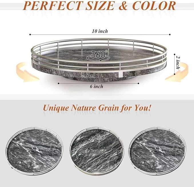Gray Marble Lazy Susan Turntable for Table Top – 10” Round Marble Tray Organizer for Dining Table, Kitchen Countertop & Bar, Luxury Stone Serving Tray with Silver Frame