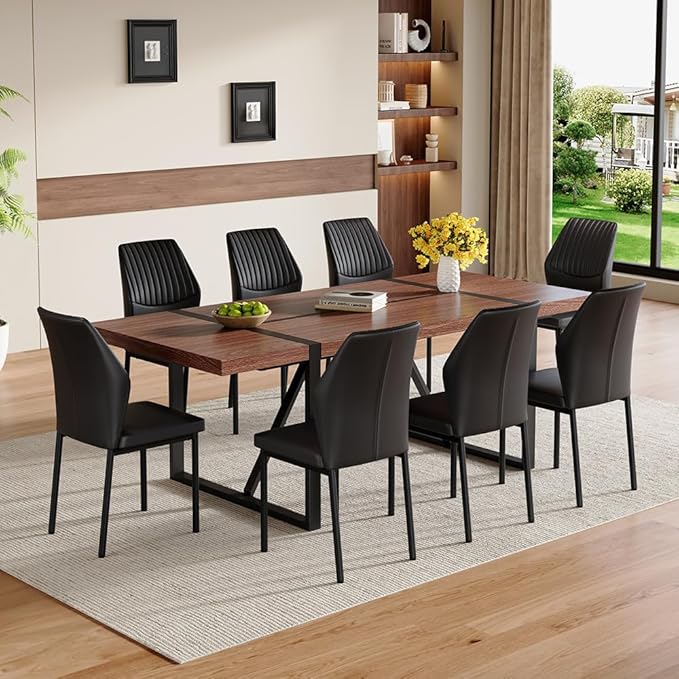 86.6" Dining Table Set for 8, Modern 9 Piece Wood Kitchen Table and Chairs Set, Rectangle Dining Room Table with 8 PU Leather Upholstered Chairs, Ideal for Home, Kitchen, or Apartment Dining