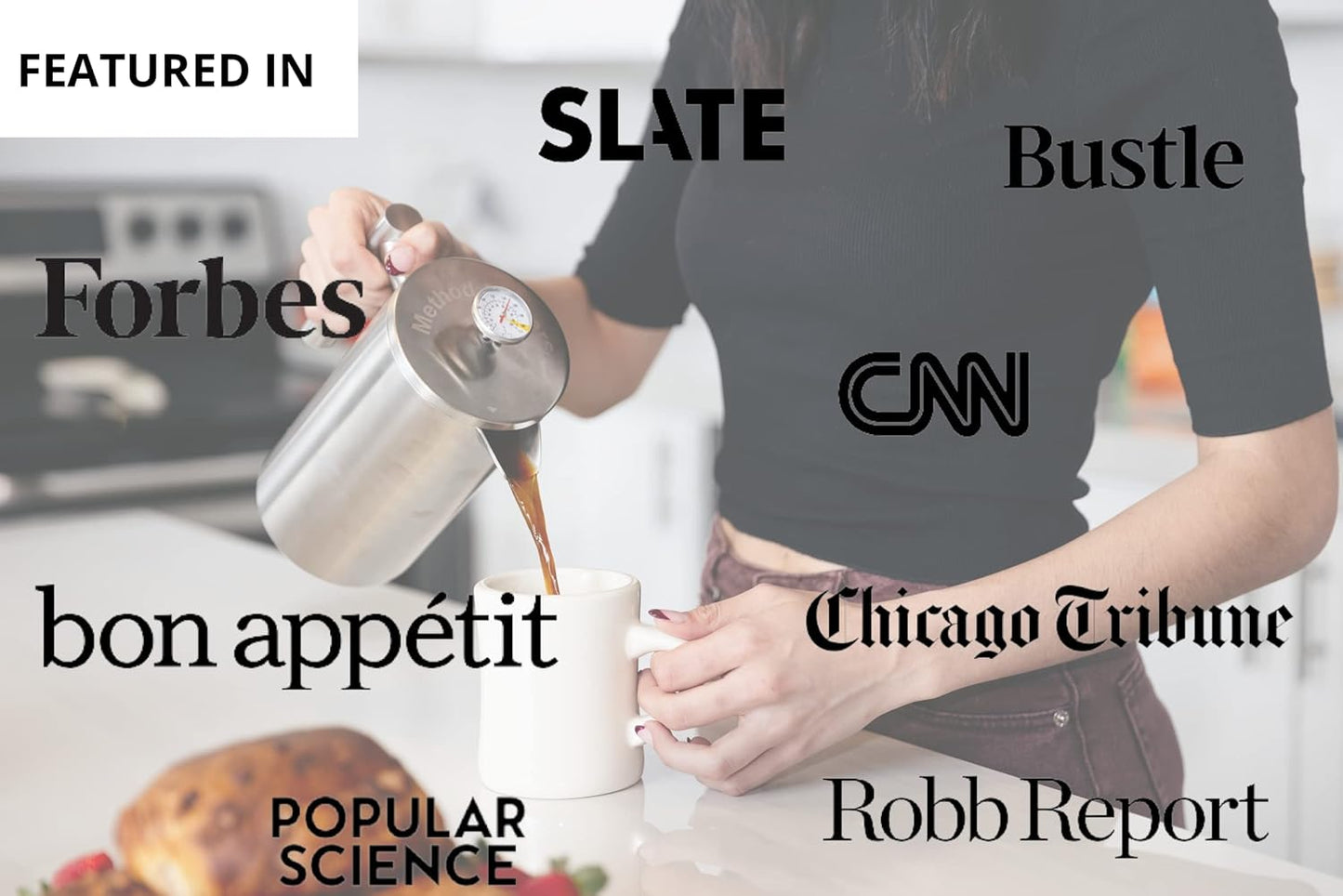 Barista Warrior French Press with Thermometer - Insulated Coffee Press - Stainless Steel Coffee Maker (1.0L, 34 fl oz, Silver)