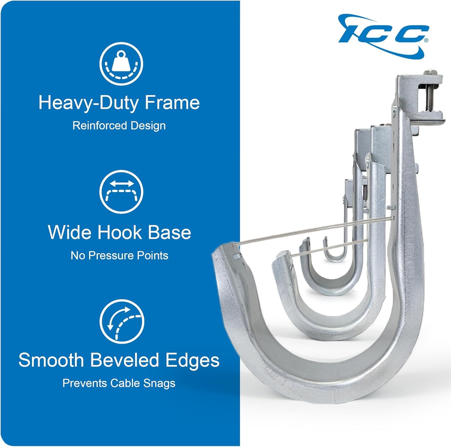 ICC Beam Clamp J Hook 3/4” Without Retainer Clip - Galvanized Steel Cable Management Hooks for Hanging Cable to Beams - Rust-Resistant, EIA and TIA Compliant - 3/4 Inch 25 Pack