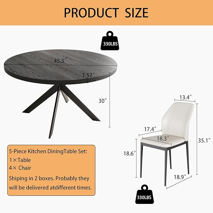 45.3" Round Dining Table & 4 PU Leather Chairs, Mid Century Modern Round Dining Table Chair Set for 4, w/Metal Legs, for Kitchen Dining Room, Living Room, Office, Save Space