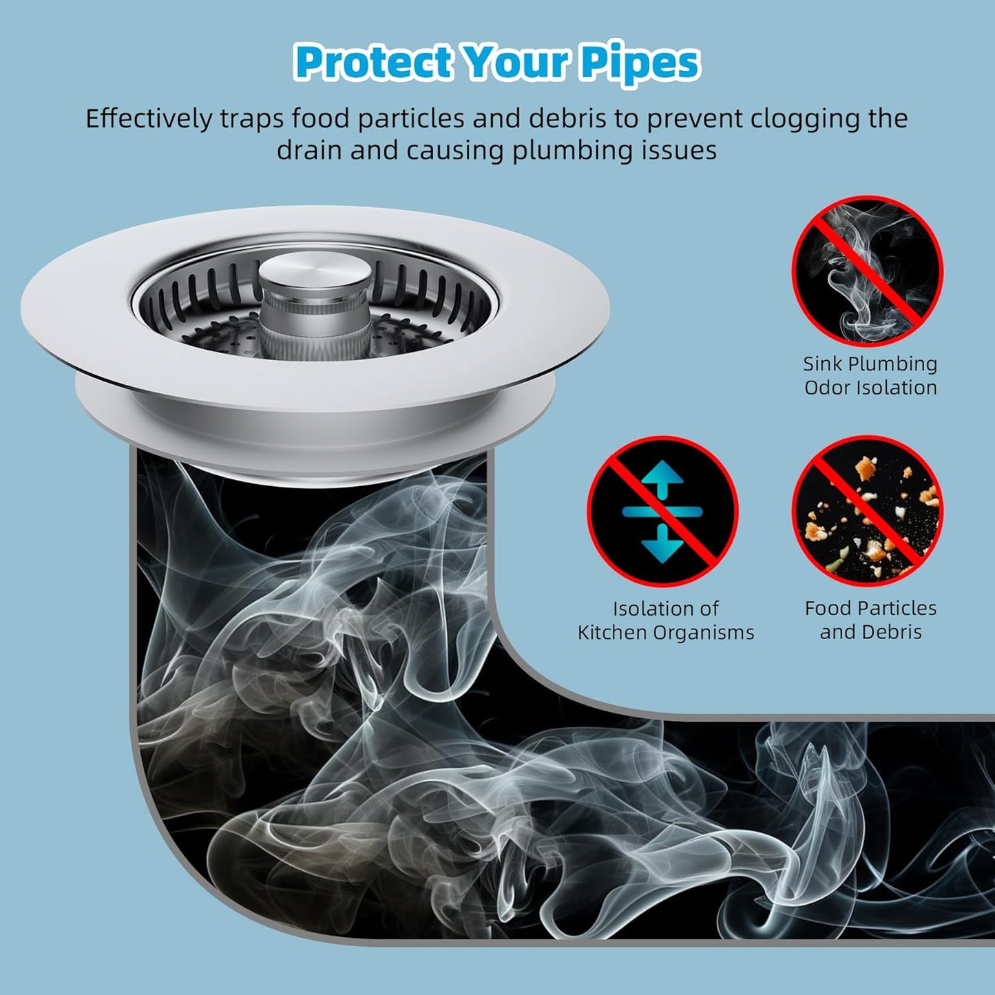 Hibbent All Metal Stainless Steel 3 in 1 Kitchen Sink Drain Strainer, Upgraded Anti-Rust Sink Stop Combo, Anti-Clogging Stainless Steel Basket Strainer with Metal Handle for US Standard 3-1/2" Drain