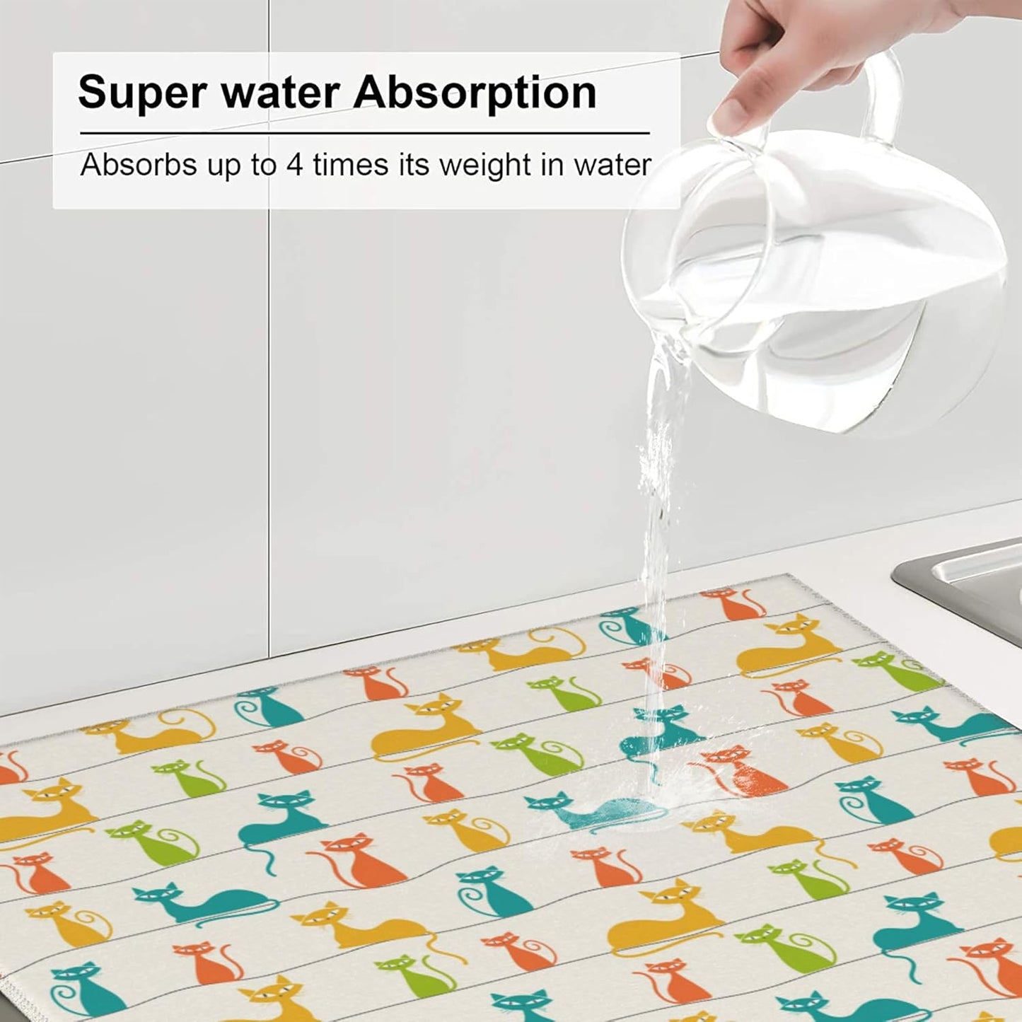 Mid Century Modern Cats Dish Drying Mat for Kitchen Counter Washable Absorbent Reversible Microfiber Cute Drying Pad Kitchen Accessories 16x18 Inch