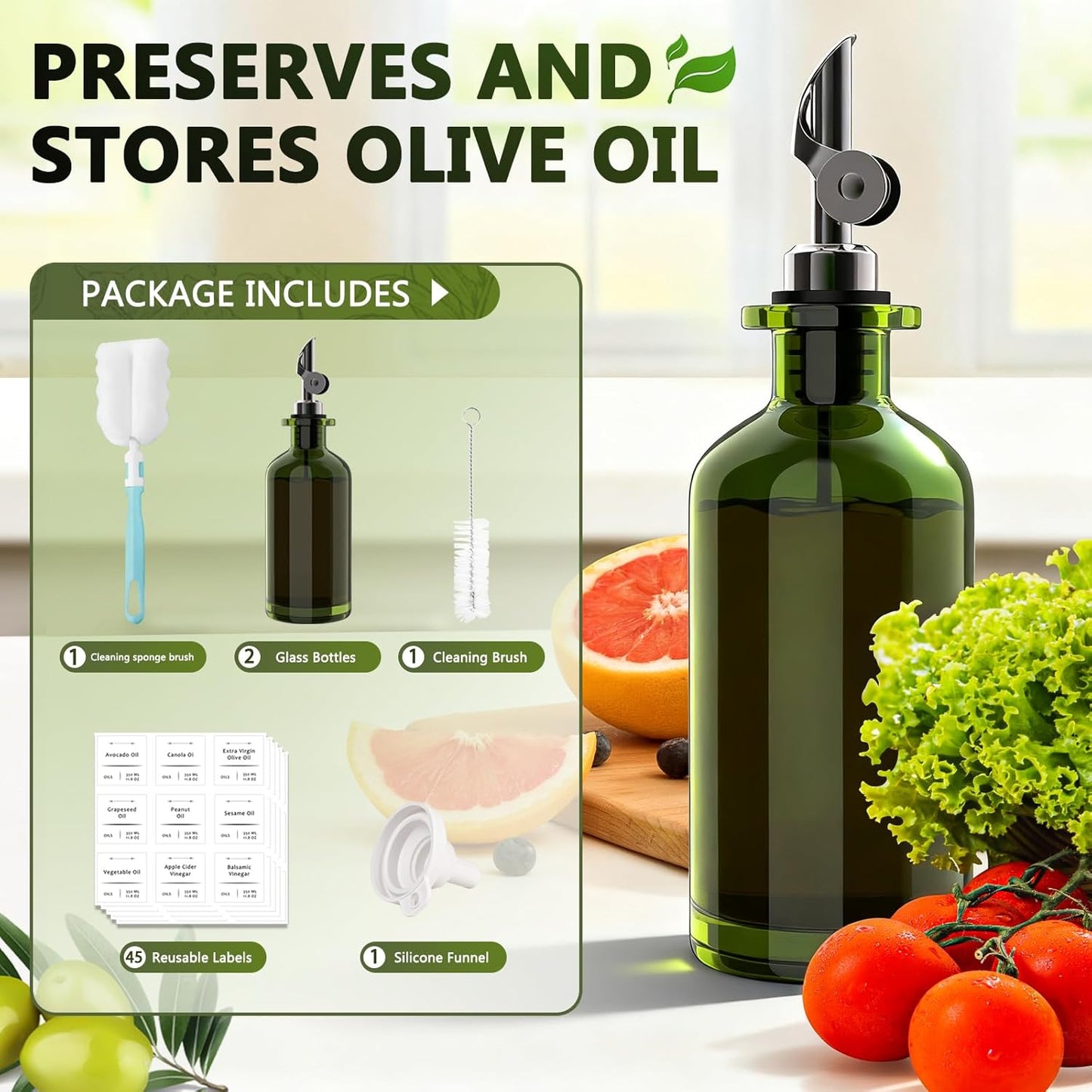 COOLMI Oil Dispenser for Kitchen - 12oz/350ml, Set of 2 Extra Thick Food Grade Glass Olive Oil Dispenser Bottle with Cleaning Brush, Stickers and Funnel (Black)