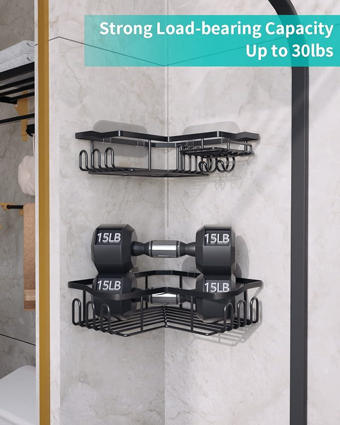 HapiRm Corner Shower Caddy with Shampoo Holder, 2-Pack Shower Organizer Shower Storage Shelf with 11 Hooks, No Drilling Rust Proof Stainless Steel Corner Shower Shelf with 6 Pack Adhesives (Black)