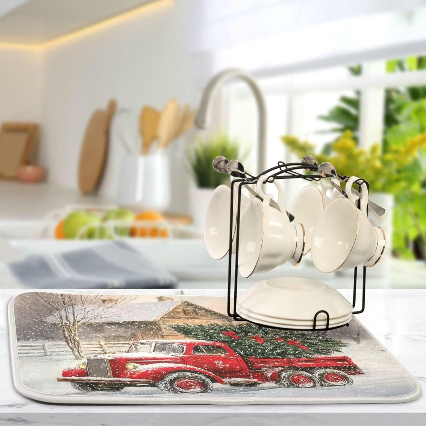 Red Christmas Truck Dish Drying Mat for Kitchen Counter Absorbent Microfiber Drying Pad, Medium 16x18 in, Reversible Drainer Mats
