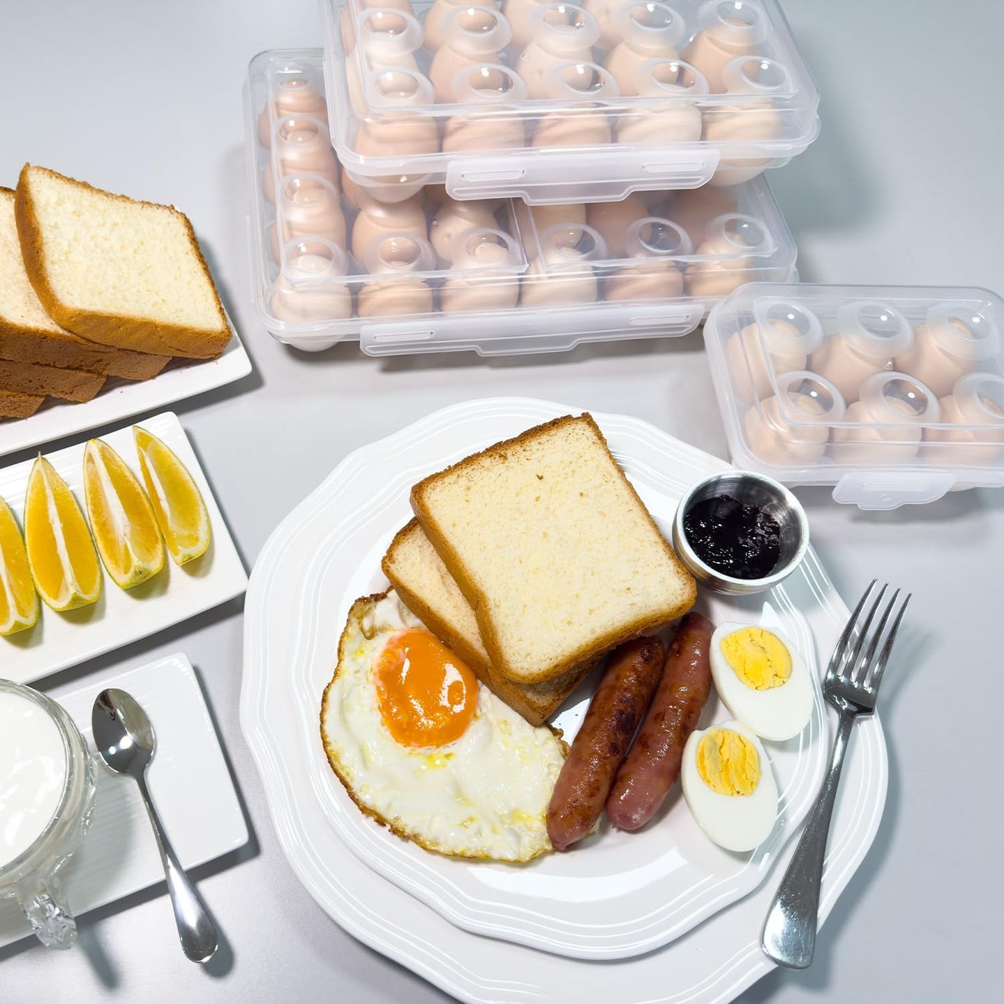 Egg Holder Camping, Egg Holder for Fridge, Portable Egg Tray with Lid, Stackable Egg Storage with Safety Buckle, 6 Grid Egg Container, Clear White