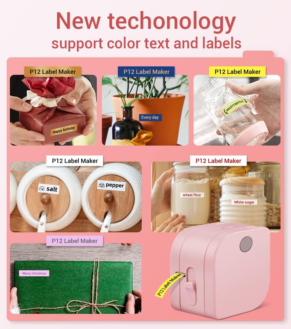 Phomemo P12 PRO Label Maker Machine with Tape, Mini Bluetooth Portable Thermal Labelmaker for Home, Office, Organizing, Kitchen, Wireless Small Label Makers with Multiple Templates, Pink