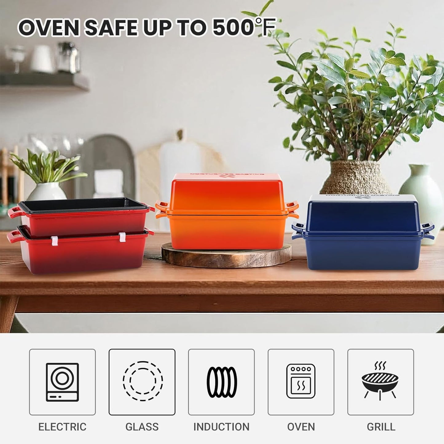 9x5 Inch Enameled Cast Iron Bread Loaf Pan with Lid, Perfect Sourdough Baking Pans | Even Heat Distribution for Homemade Bread, Cake, Meatloaf,2 Piece set,Red