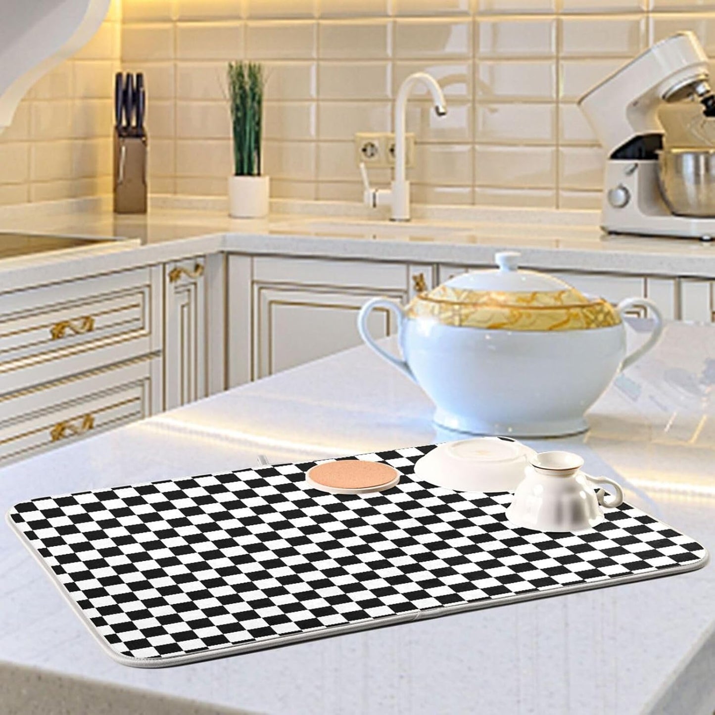 Black White Checkered Pattern Dish Drying Mat for Kitchen Counter Absorbent Microfiber Drying Pad, Medium 16x18 in, Reversible Drainer Mats