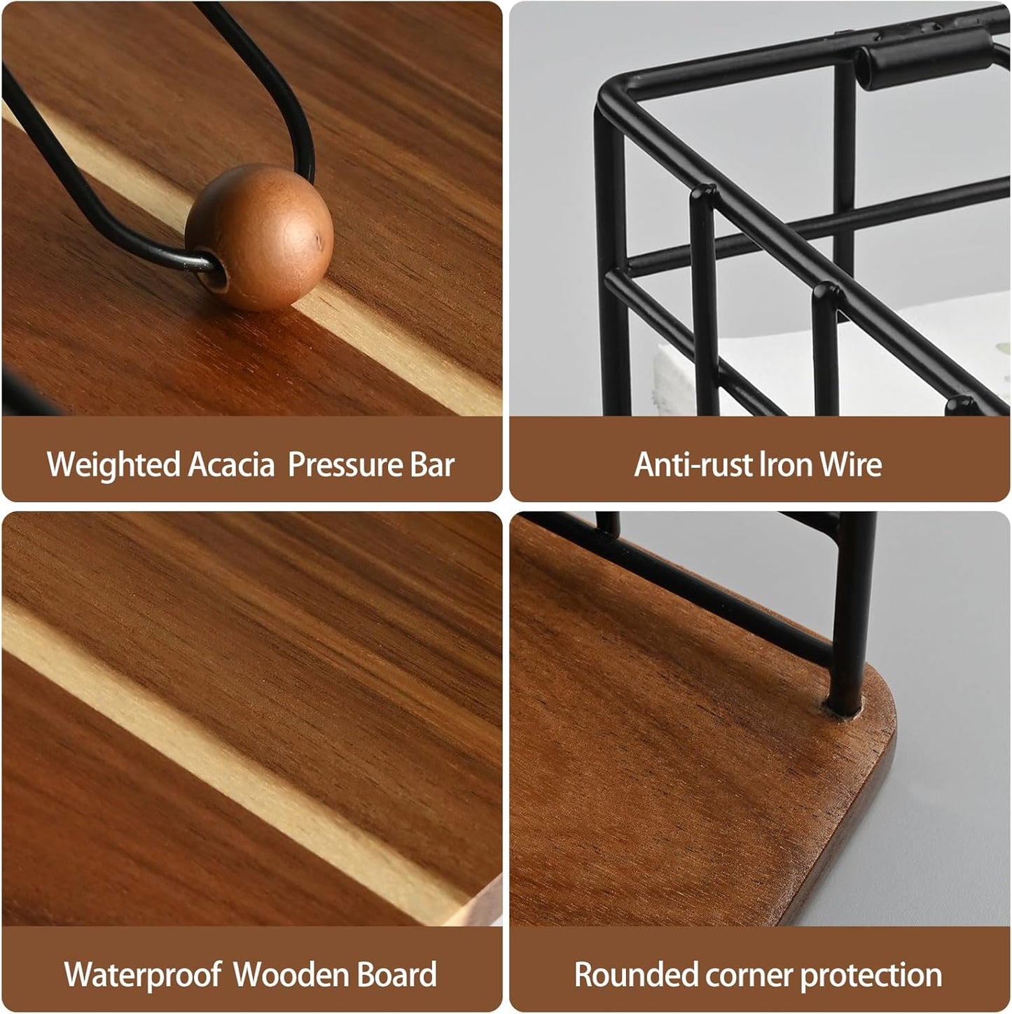 Flat Napkin Holder for Table, Acacia Napkins Holder with Weighted Arm, Rustic Metal Square Napkin Holder Organizer for Kitchen, Flat Napkin Dispenser for Countertop, Dining Room