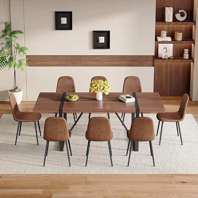 86.6" Dining Table Set for 8, Modern 9 Piece Wood Kitchen Table and Chairs Set, Rectangle Dining Room Table with 8 Suede Upholstered Chairs, Ideal for Home, Kitchen, or Apartment Dining